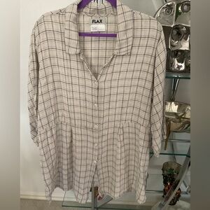 Flax Beige Plaid Shirt peplum style with pleats.  Button missing on cuff.